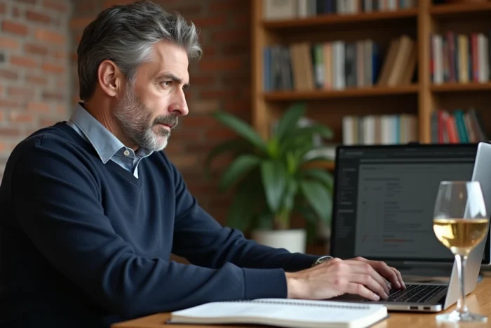 Homme utilisant son CPF sur un ordinateur portable pour financer une formation en œnologie à domicile