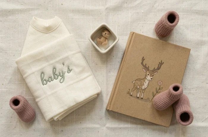 Flatlay de cadeaux de naissance personnalisés et originaux sur fond lin écru, incluant couverture brodée et livre illustré
