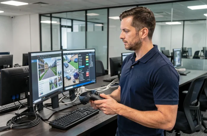 Un formateur en informatique présentant un module de formation en réalité virtuelle sur un poste de travail dans un laboratoire e-learning d'entreprise