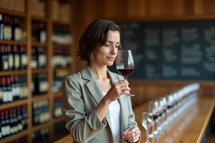 Femme en formation œnologie examinant un verre de vin rouge dans une école de dégustation professionnelle