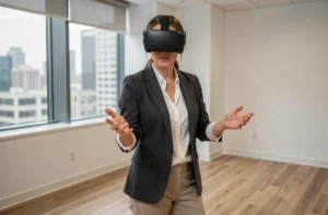Une professionnelle en entreprise portant un casque de réalité virtuelle lors d'une session de formation immersive dans un espace de travail moderne