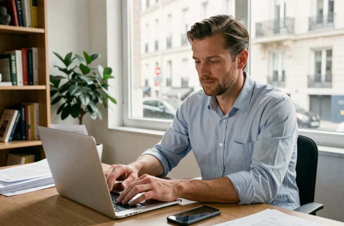 Un homme français consultant des informations sur un crédit en ligne depuis son bureau à domicile