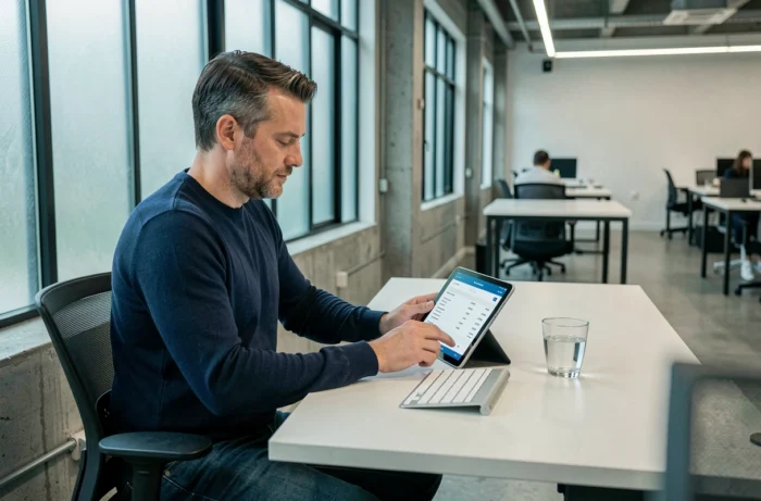 Freelance masculin créant une facture numérique sur tablette dans un espace de coworking moderne