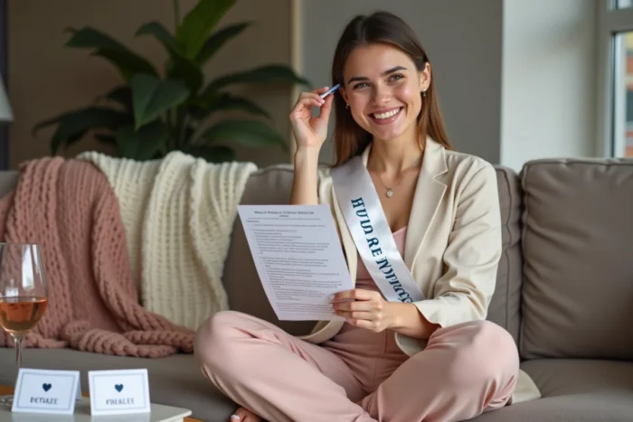 Future mariée portant une écharpe blanche tenant une feuille de jeu EVJF imprimée sur un canapé cosy