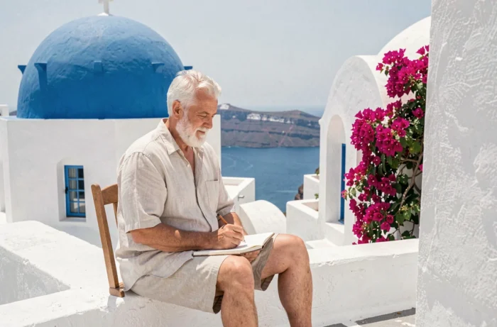Un homme senior dessinant dans un carnet assis sur des marches blanchies à la chaux près d'un dôme bleu emblématique de Santorin en Grèce