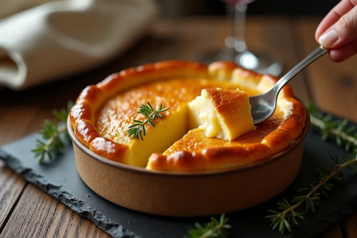 Gros plan sur le mont d'or au four avec une croûte dorée et fondue garnie de thym frais dans sa boîte en bois