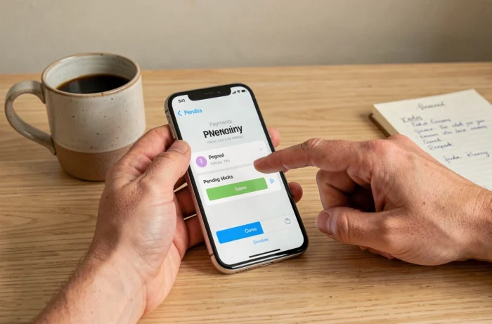 Gros plan de mains tenant un smartphone affichant une notification de paiement en attente sur Vinted avec un bloc-notes à côté