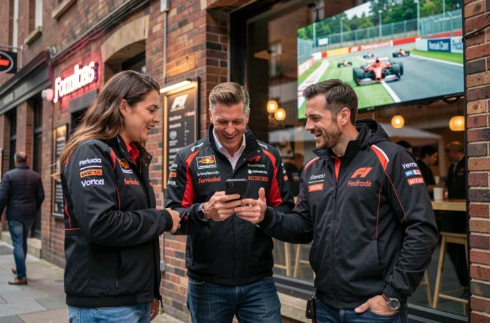 Groupe de fans de F1 choisissant le Pilote du Jour sur smartphone devant un bar sportif