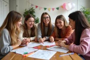Groupe de femmes jouant à des jeux EVJF imprimés autour d'une table en bois décorée de confettis et de tiares