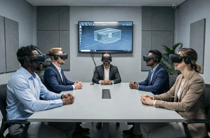 Un groupe de collaborateurs en entreprise participant à une session de formation collective en réalité virtuelle autour d'une table de conférence moderne