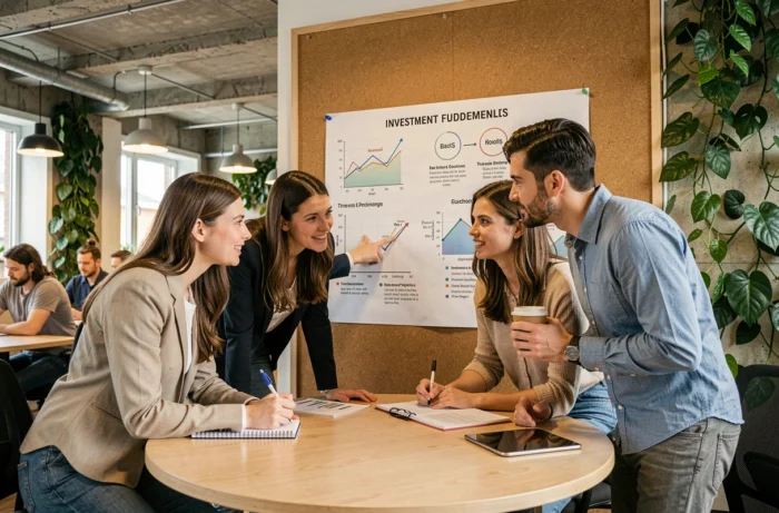 Groupe de jeunes adultes discutant de concepts financiers et d'investissement autour d'un tableau dans un espace de coworking