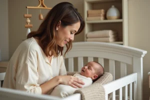 Jeune mère déposant son nouveau-né dans un berceau blanc dans une chambre douce et apaisante, illustrant l'heure du coucher du bébé