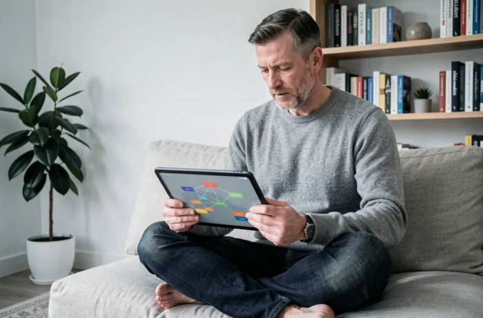 Un homme analyse un plan de sitemap de site web sur une tablette numérique dans un bureau à domicile épuré et minimaliste