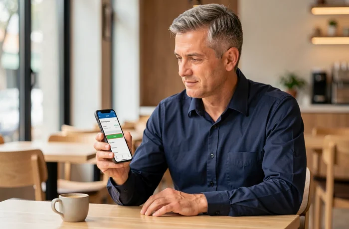 Homme consultant son application bancaire mobile pour vérifier une transaction suspecte Imprimerie Nati