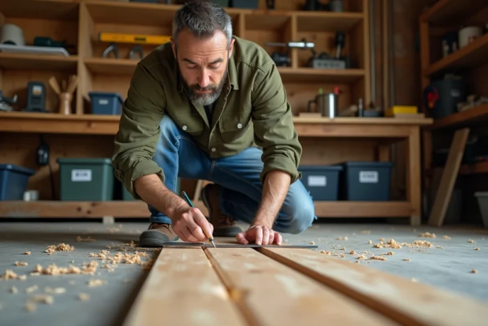 Homme mesurant des planches en bois dans un atelier de bricolage maison bien organisé