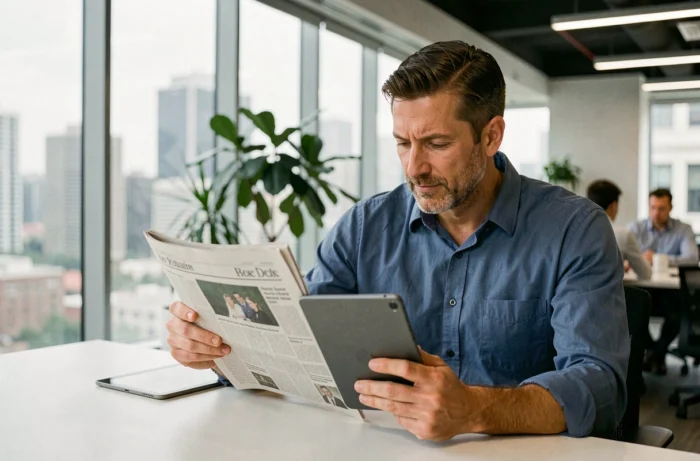 Homme d'affaires lisant un journal et une tablette pour suivre l'actualité au bureau