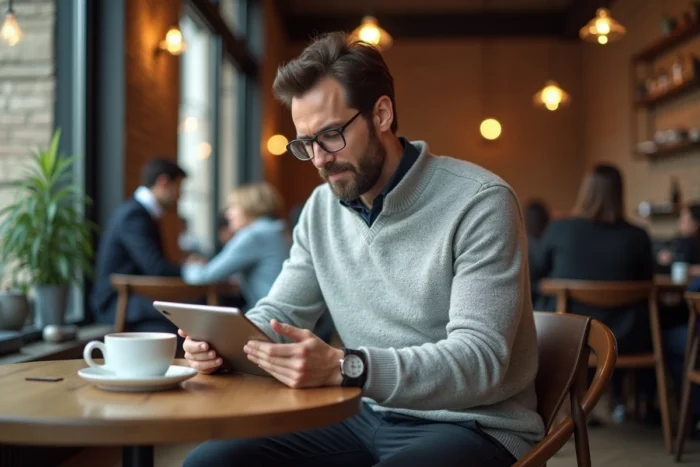 Homme consultant les avantages de sa carte Lafayette dans un café parisien moderne