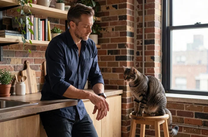 Homme avec un chat dans un appartement urbain illustrant le choix d'un animal de compagnie adapté