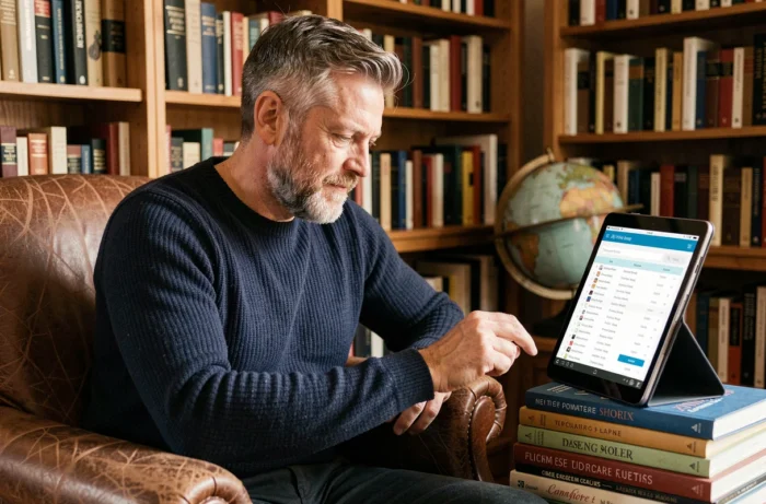 Homme consultant un classement numérique sur tablette dans une bibliothèque personnelle, symbolisant la recherche des meilleures options par domaine