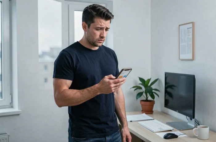 Homme perplexe consultant une application bancaire mobile en attendant un virement Mangopay depuis Vinted