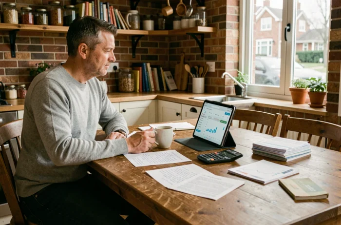 Homme gérant son budget personnel à domicile avec tablette et documents financiers sur table en bois