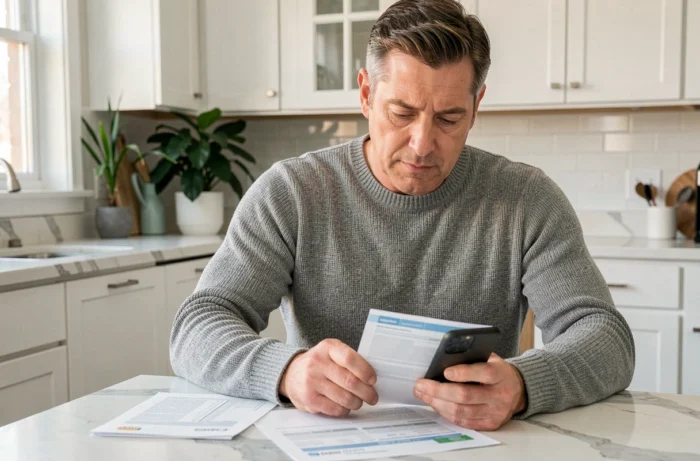 Homme consultant ses relevés de crédit sur smartphone depuis son domicile