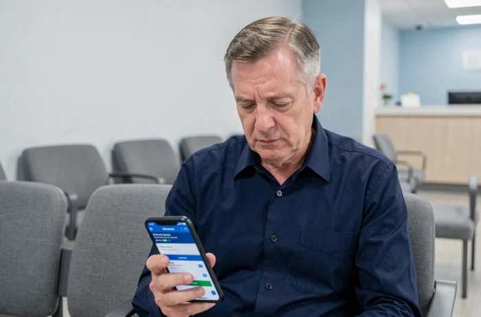 Homme consultant ses résultats d'analyses médicales sur smartphone dans une salle d'attente médicale