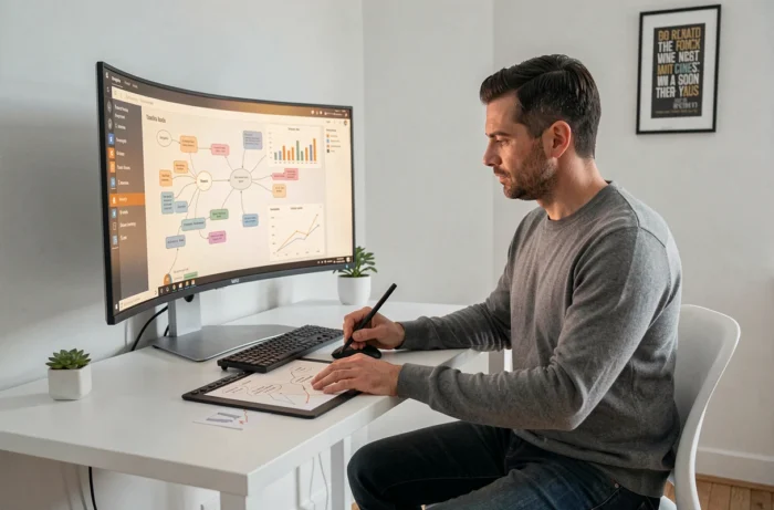 Homme en télétravail analysant des tendances et idées innovantes sur écran dans un bureau à domicile minimaliste