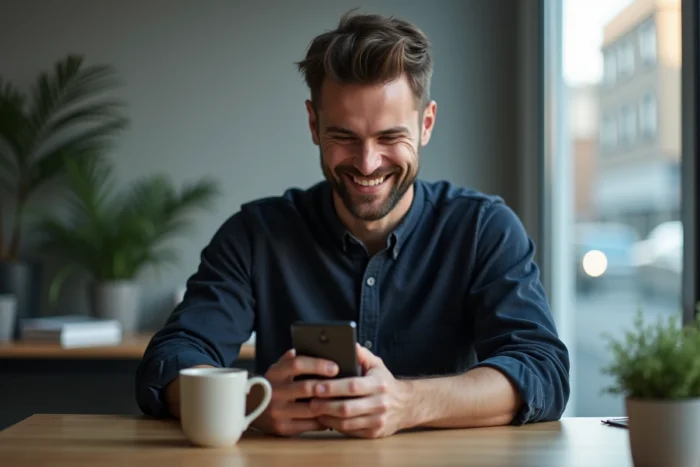 Homme regardant une vidéo amusante sur son smartphone dans un bureau moderne à domicile