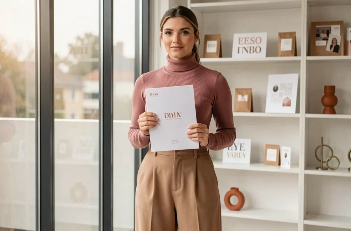 Femme entrepreneur tenant son guide d'identité de marque dans un studio spécialisé en création de business féminin