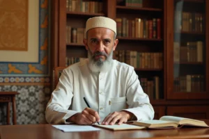 Imam musulman en tenue traditionnelle consulte des documents dans un bureau de mosquée pour préparer un mariage religieux