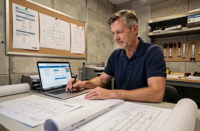 Ingénieur consultant des normes ISO imprimées et en ligne dans un atelier technique industriel