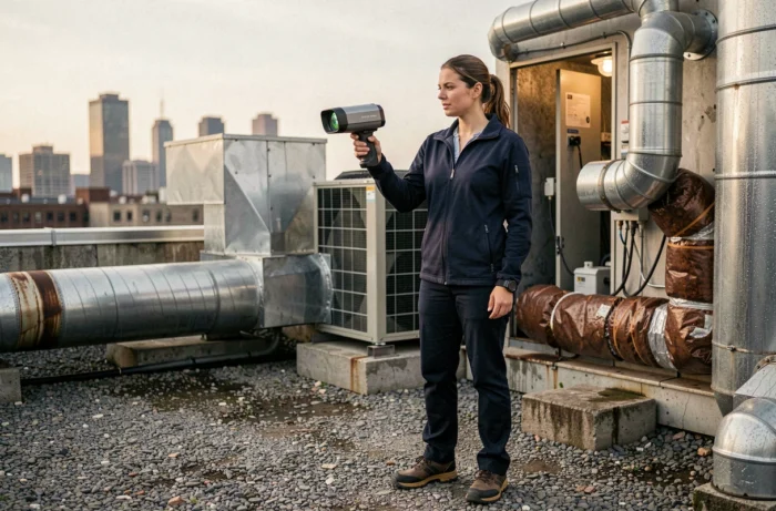 Ingénieure thermique réalisant un bilan thermique sur le toit d'un immeuble en copropriété