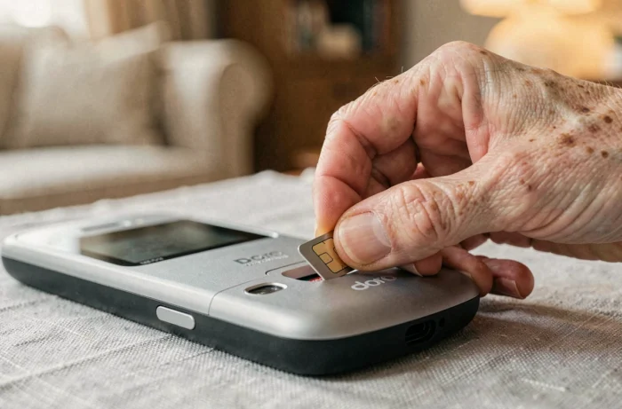 Mains de personne âgée insérant une carte SIM dans un téléphone Doro posé sur une nappe en lin gris