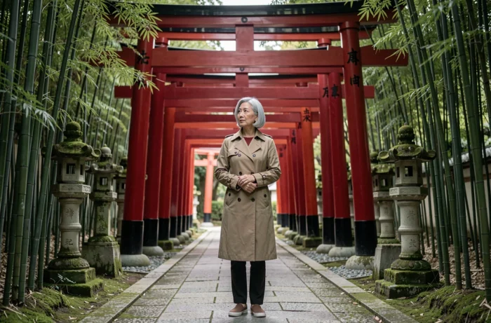 Une femme senior en imperméable beige se tenant dans une allée de torii vermillon dans un sanctuaire de Kyoto au Japon