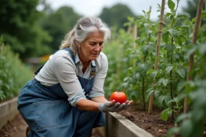 Femme jardinière examinant une tomate à la peau dure dans son potager en plein été