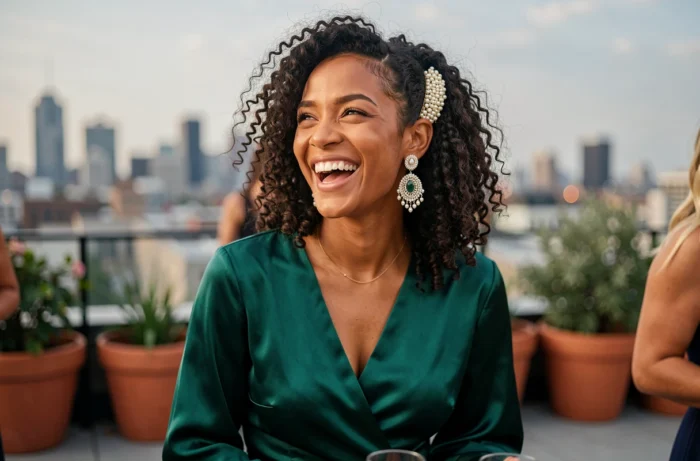 Jeune femme souriante portant des bijoux statement en perles lors d'une soirée sur un rooftop urbain