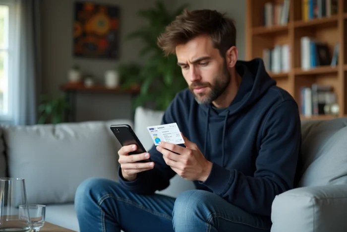 Jeune homme consultant son permis de conduire et son smartphone pour retrouver la date de délivrance