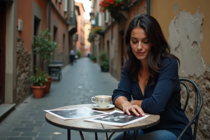 Femme aux traits méditerranéens consultant de vieilles photographies de famille dans une ruelle italienne pavée, illustrant la recherche des racines italiennes