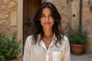 Jeune femme aux origines italiennes posant dans une cour en pierre rustique avec des plantes aromatiques, évoquant l'héritage méditerranéen de Kelly Vedovelli
