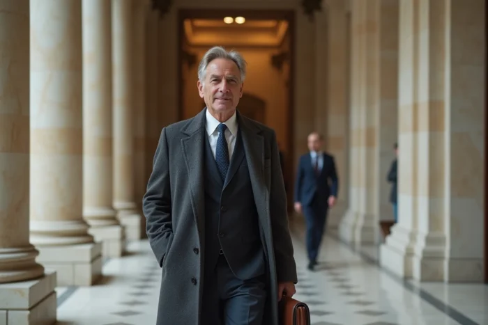 Homme influent traversant le hall d'un bâtiment institutionnel parisien avec mallette en cuir et manteau gris