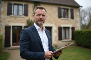 Agent immobilier devant une maison en pierre à vendre en Sarthe pour cause de divorce urgent