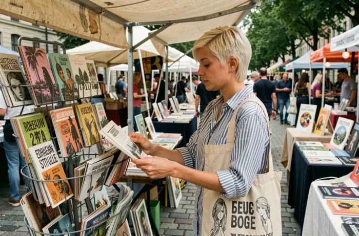Jeune femme feuilletant des fanzines et livres autopubliés sur un marché littéraire indépendant en plein air, scène de la création éditoriale alternative