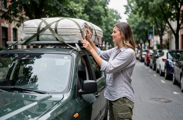 Femme attachant un matelas roulé sur le toit d'un SUV avec des sangles de fixation dans une rue urbaine
