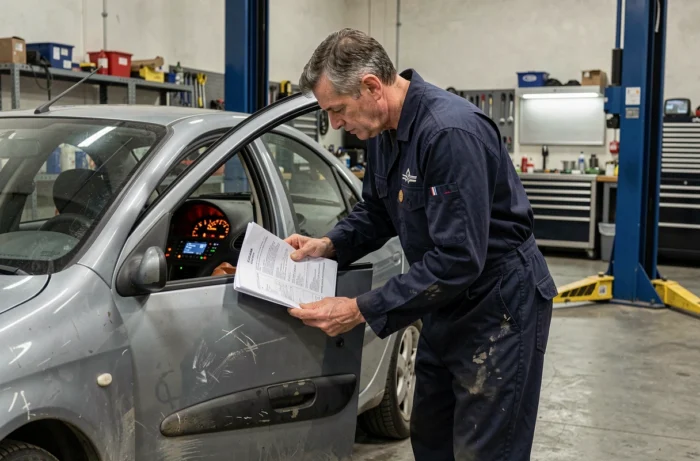 Mécanicien consultant un manuel de diagnostic face aux voyants allumés d'une Citroën Xsara dans un garage