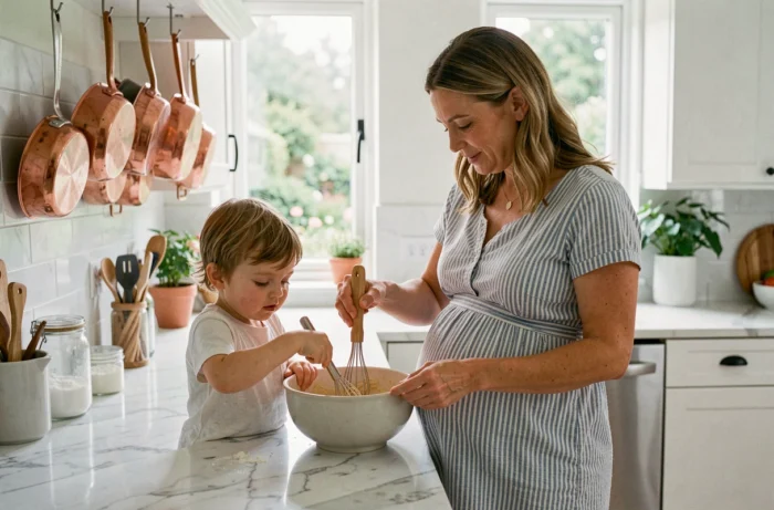 Mère enceinte aidant son enfant à cuisiner dans une cuisine moderne lumineuse