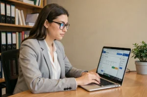 Femme enseignante accédant à sa messagerie académique de l'académie de Créteil sur un ordinateur portable dans un bureau universitaire