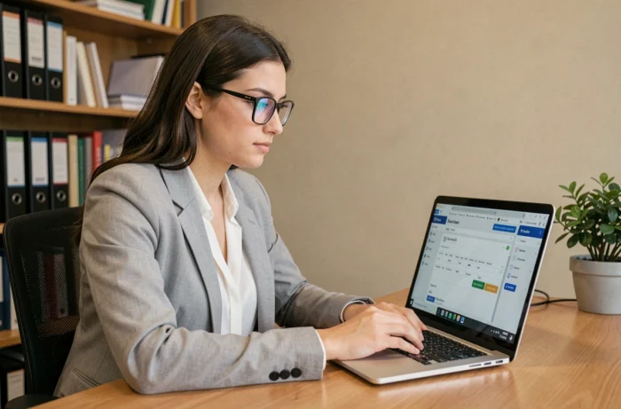 Femme enseignante accédant à sa messagerie académique de l'académie de Créteil sur un ordinateur portable dans un bureau universitaire
