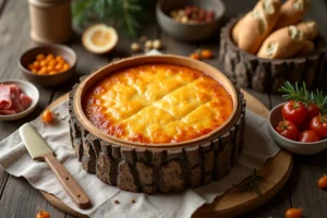 Mont d'Or au four dans sa boîte en épicéa entouré de charcuterie et de pain sur une table en bois rustique