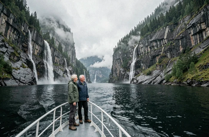 Un couple de seniors sur un ferry traversant un fjord norvégien encadré de falaises de granit et de cascades